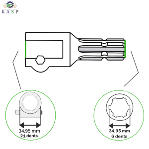 ADAPTATEUR DE CARDAN  CLAVETTE  34,95 mm 21 dents à 34,95 mm 6 dents